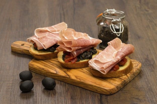 Olive and Parma ham bruschetta