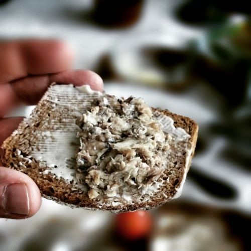 Open-faced sardine rillettes sandwich