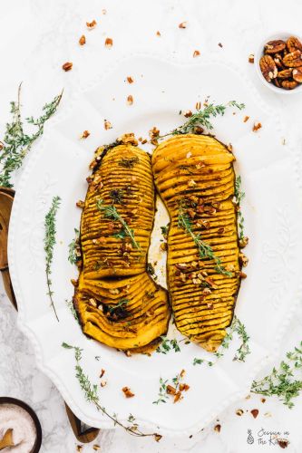 Hasselback Butternut Squash with Maple Pecan Drizzle