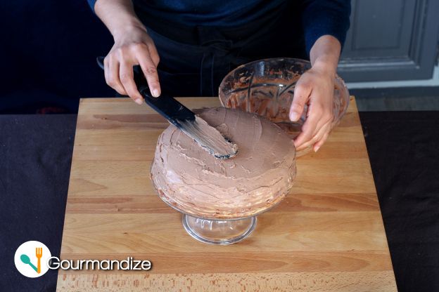 Cover the sides and top of the cake with the Nutella cream then decorate with pomegranate seeds