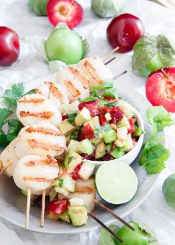 Grilled Scallops with Tomatillo Plum Salsa