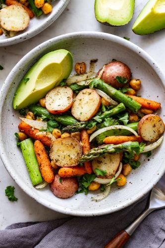 Herbed Potato Asparagus and Chickpea Sheet Pan Dinner