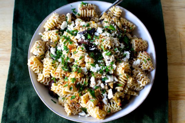 Charred Eggplant and Walnut Pesto Pasta Salad