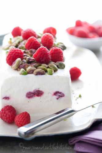 Honey Yogurt Semifreddo with Raspberries and Pistachios