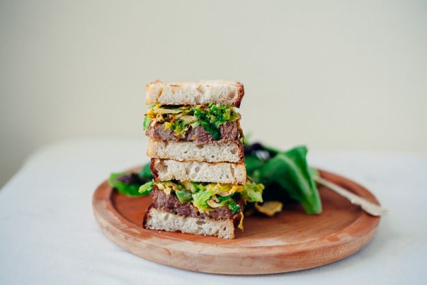 Brisket on Sourdough with Sriracha Shaved Brussels Sprouts