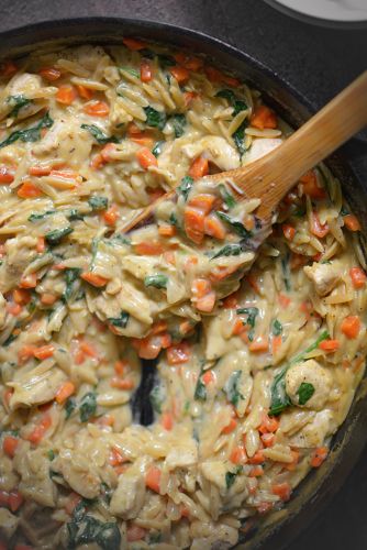 Creamy One-Pot Chicken, Carrot, and Spinach Orzo