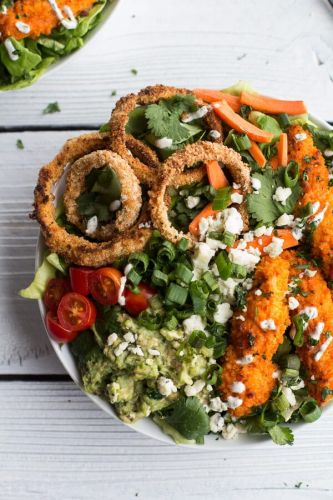 Buffalo Chicken + Blue Cheese Guacamole and Crunchy Baked Onion Ring Salad