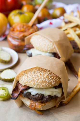 Bacon Cheddar Burgers with Tomato Onion Jam