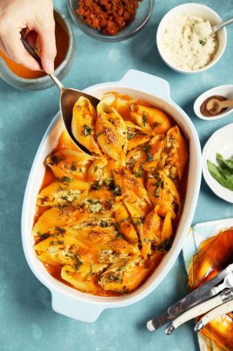 Cauliflower Stuffed Shells with Butternut Squash Sauce