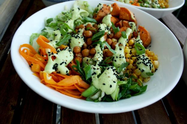 Roasted and Stir Fried Veggies with Avocado Dressing