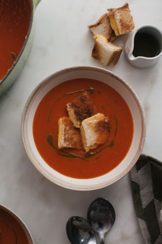 Roasted Tomato Soup with Grilled Cheese Croutons