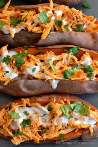 Skinny Buffalo chicken stuffed sweet potatoes