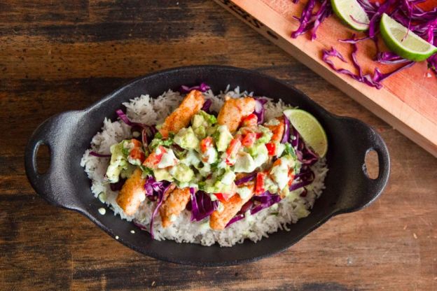 Fish Taco Bowl with Avocado Pico and Jalapeno Crema