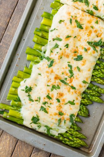 Three cheese asparagus gratin