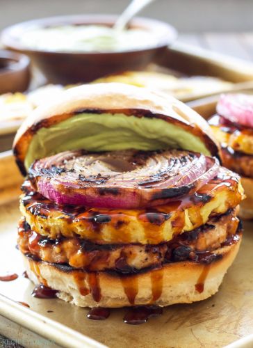 Teriyaki Turkey Burgers with Grilled Pineapples and Onions