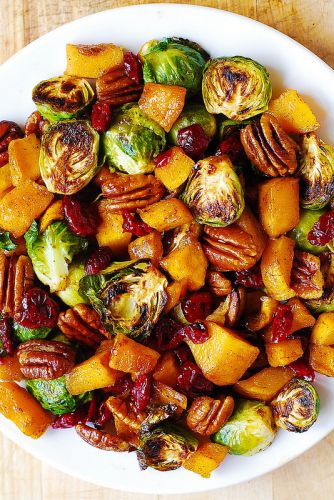 Roasted brussels sprouts, cinnamon butternut squash, pecans, and cranberries