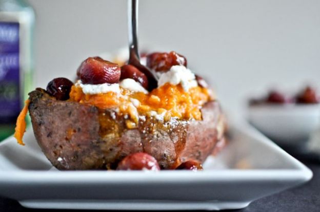 Roasted Grape, Goat Cheese & Honey Stuffed Sweet Potatoes