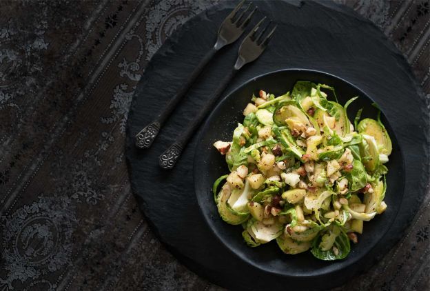 Raw Brussels Sprouts with Apple, Hazelnut and Maple Salad