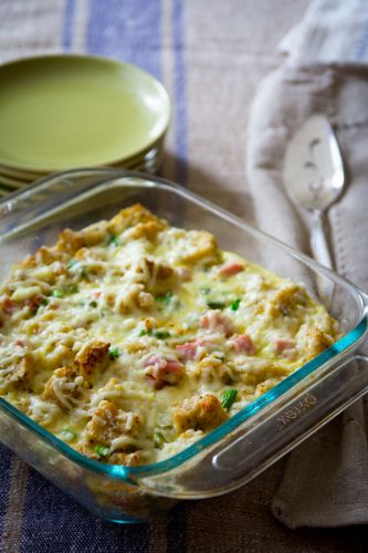 Easy ham and asparagus bread pudding