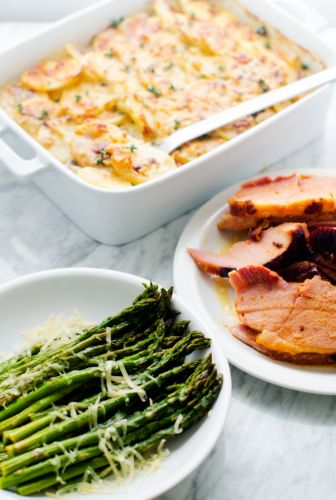 Honey Sriracha ham, goat cheese potato gratin and roasted asparagus