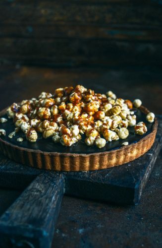 Salted peanut caramel chocolate popcorn tart