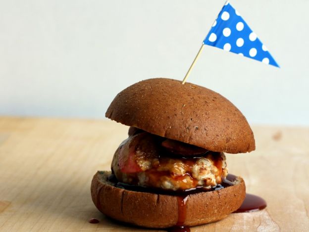 Goat Cheese Stuffed Turkey Burgers with Tangy Peach BBQ Sauce