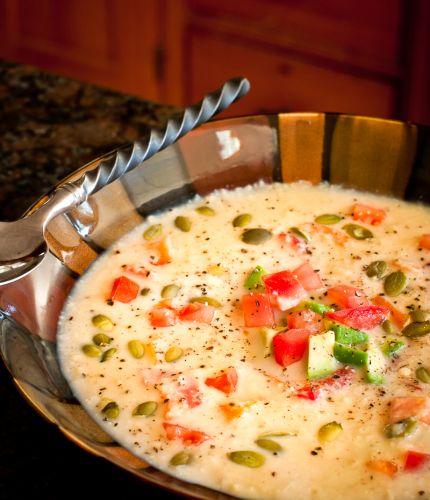 Corn Chowder with Pumpkin Seeds, Tomato and Avocado