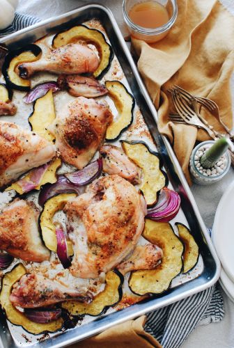 Sheet Pan Roasted Chicken with Wine Butter and Squash