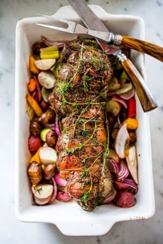 Herb crusted and stuffed leg of lamb with mint gremolata