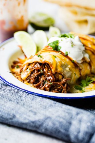 Slow Cooker Smothered BBQ Beef Burritos