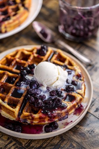 Greek Yogurt Blueberry Waffles with Fresh Blueberry Sauce