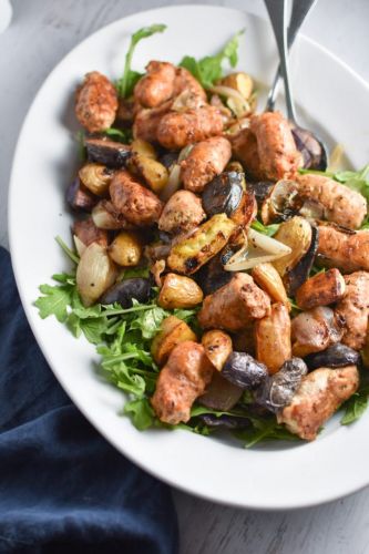 One Pan Roasted Sausage, Potato And Arugula