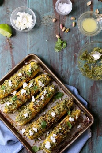 Charred Corn with Pistachio Cilantro Lime Rub