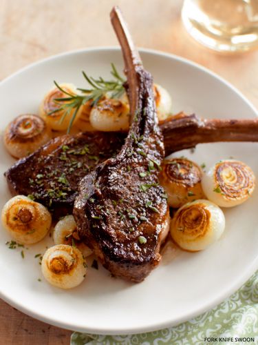 Pan-seared lamb chops with cippolini onions