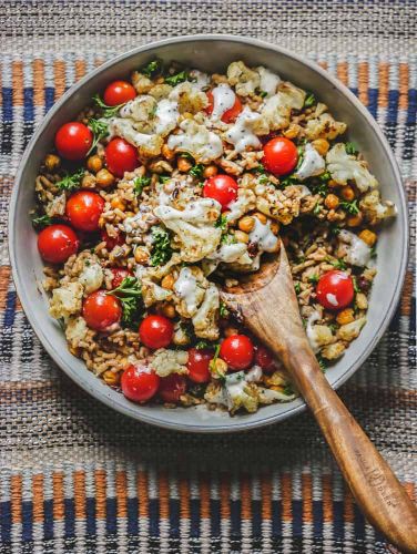 Roasted Frozen Cauliflower Chickpea Salad