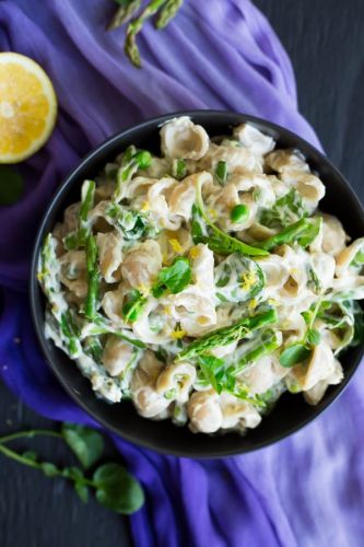 creamy cashew lemon pasta with spring vegetables