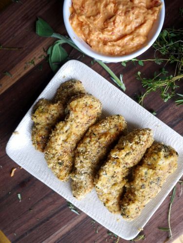 Grown-Up Chicken Fingers with Spicy Sun-Dried Tomato Dipping Sauce