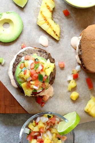 Juicy Grilled Hamburgers with Pineapple Salsa and Spicy Aioli