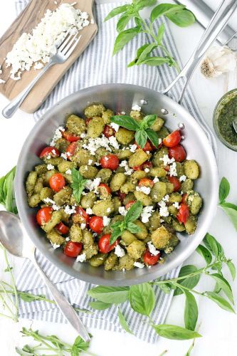 Crispy Pesto GNocchi with Goat Cheese and Cherry Tomatoes