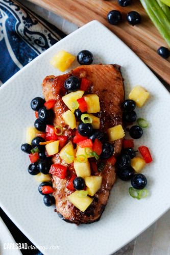 Sweet and Spicy Asian Salmon with Blueberry Pineapple Salsa