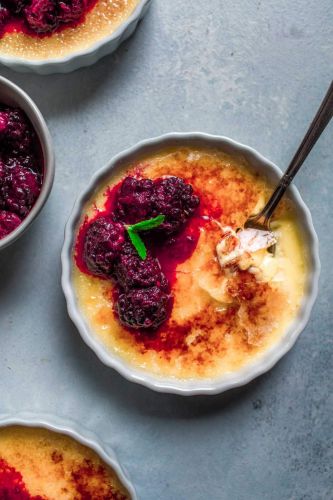 Creme Brûlée with Cardamom Roasted Blackberries