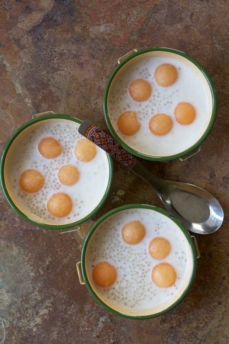 Chilled tapioca cantaloupe-coconut milk dessert soup