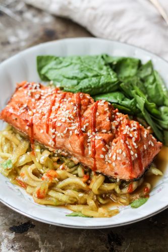 Honey-lime Sriracha salmon with cold sesame cucumber noodle salad