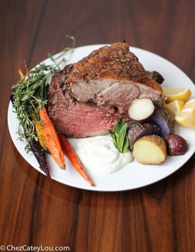 Mediterranean spiced roasted leg of lamb with yogurt mint feta sauce