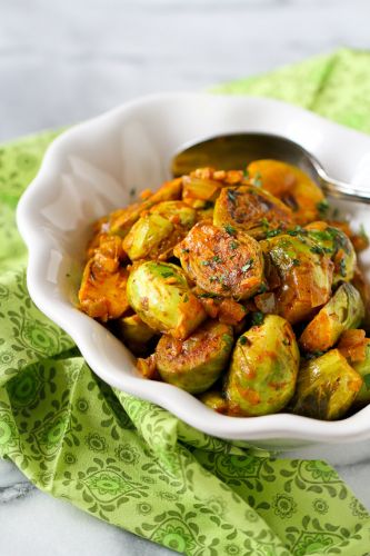 Curry-simmered brussel sprouts