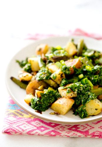 ASPARAGUS AND SWEET POTATO HASH WITH CHIMICHURRI