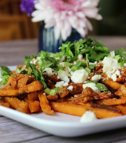 LOADED BBQ CHICKEN SWEET POTATO FRIES