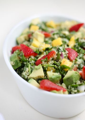 Strawberry and Mango Chopped Spinach Quinoa Salad with Sesame-Lime Vinaigrette