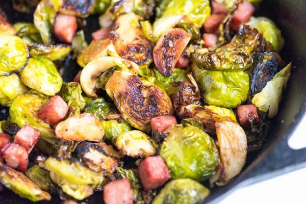 Garlic Roasted Brussels Sprouts with Ham