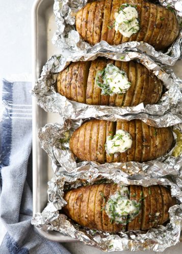 Grilled Hasselback Potatoes with Chive Butteer